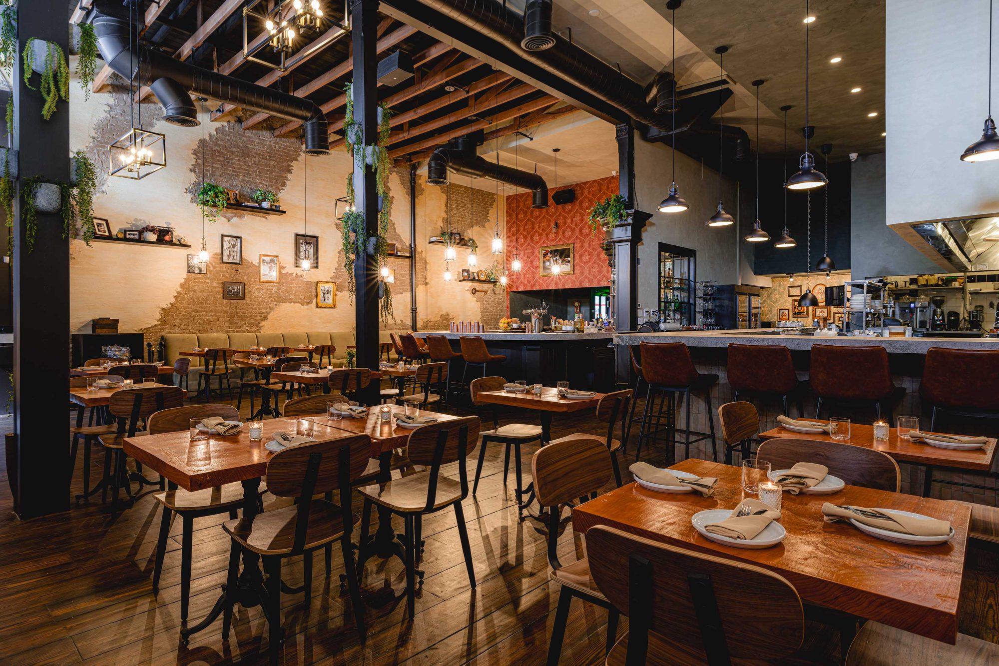 Warm, atmospheric restaurant dining room designed and visualized by NOF DESIGN