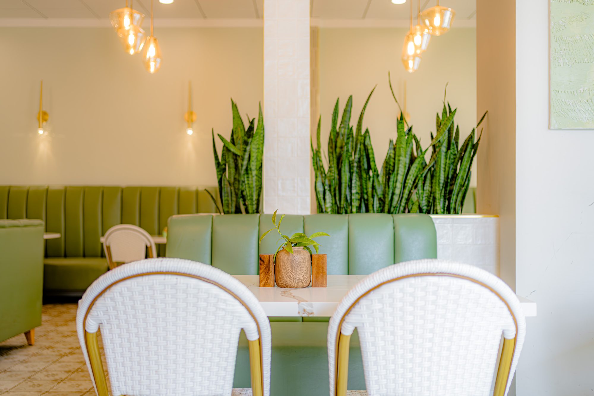 Banquette seating and tall planting along the Lamalo wall